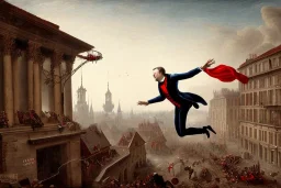 Assassin running on a roof, mid jump, red and black assassin's suit, 1800, industrial revolution, cape