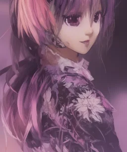 Detailed cute anime Kunoichi girl, purple hair buns, purple bangs, black latex bodysuit, intricate details, full body portrait, keep head in frame, slight smile, black Japanese motif, concept art, highly detailed, digital painting, concept art, sharp focus, illustration, art by Yoji Shinkawa, WLOP and greg rutkowski and alphonse mucha and artgerm and yanjun Chen and Junji ito and Makoto Shinkai, HDR, octane render