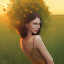 woman standing in flower field, sunset, short brown hair, back view, green dress, windy