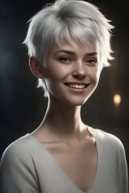 Werewolf, Chiaroscuro lighting, deep shadows, rich deep colors, masterpiece, full body portraits, 8K Ultra-HD, Hyper Realistic, Photorealistic, Realistic, focused, Clear, Extremely Detailed, beautiful, Cinematic, proportionate, full color, an image of a smiling young woman with short, pixie-cut bleached white hair, tapered on the sides, wearing a pair of blue round lensed glasses, big, gold hoop earrings, and a pink and blue button t-shirt, big happy smile, a foggy, cloudy blue background