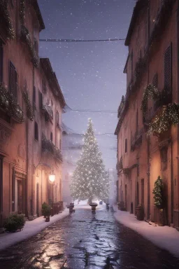 Italy street, Realistic night christmas, snow, 4k, big tree christimas, intricate, bump