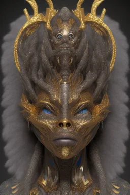 shiny black male African Egyptian alien, cracks in the voodoo head, wicked, eyes, crown, Elephant, 8k, finely detailed, photo realistic, tiger turquoise skull head gold dragon space alien snow skeleton gold fang teeth silver crown silver eyes