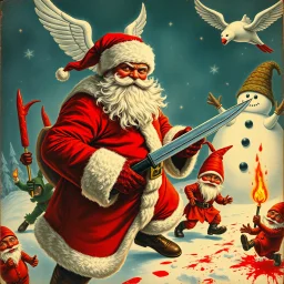 there is no kebabs at christmas, evil Santa, evil gnomes running around, staring flaming eyes, evil Rudolf, very big evil angry Frosty the snowman in background, kebabs and kebab, 1940 christmas postcard, blood stains, Flying angel Keruber, Santa holding a knife