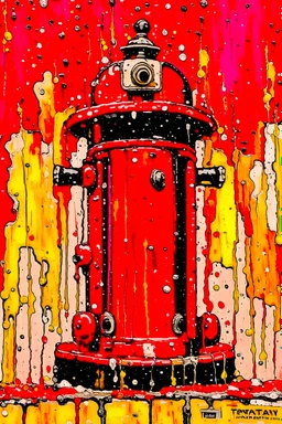 red firetruck, fire hydrant spraying water, abstract expressionist