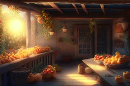 A cozy cottage porch terrace in sunshine with fairy lights hanging from the rafters fruits and food on a wooden table detailed matte painting