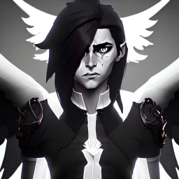 angel, demon, angel demon hybrid, half angel, half demon, black angel wings, white demon wings, black and white, balance, horns, armor, noble clothes, black and white armor, black and white clothes