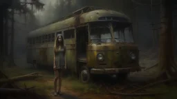 A hauntingly beautiful oil painting that captures the essence of a post-apocalyptic world. The central figure is a woman, standing in front of a crumbling bus in a dense forest. Her tattered dress, with holes and frayed edges, contrasts against the muted, desaturated colors of the landscape. The dilapidated bus in the background adds to the desolation of the scene. The woman's facial expression is a mix of sadness and determination, as if she is both lost and resilient in this desolate environme