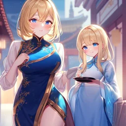 Clear focus,High resolution, Blonde hair, and blue eyes, kawaii style, wearing a Chinese Traditional dress, Blushing