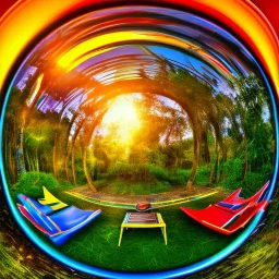 Sunset in a tropical jungle with lawn chairs, blue red and yellow. Distorted. Fisheye. Bokeh. Blur.