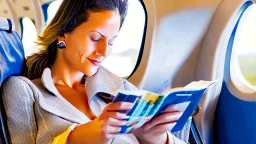 lady on phone looking at airline pamphlet