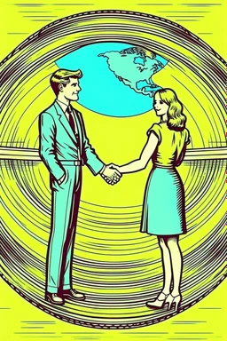 Vintage pop art style, men and women holding hands around a globe