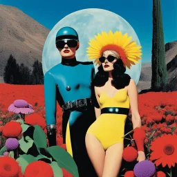[colour collage art by Helmut newton and David Hockney] false east, nightmare embrace, pulp sci-fi, retro, dark sci-fi, hippie aesthetic, flower power, trippy colors, tarot, macabre, pin-up girls