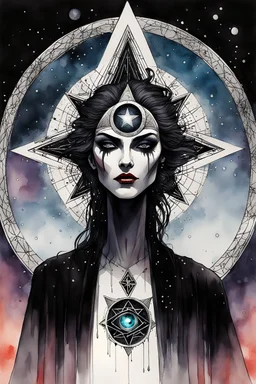 ink wash and watercolor illustration of the symbol of an ancient Catalan female vampire coven , in the form of highly detailed 12 sided star with the all seeing eye at its center lapel pin, in the graphic novel style of Bill Sienkiewicz, Jean Giraud Moebius, and Enki Bilal