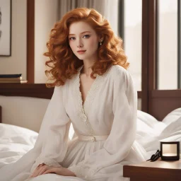 [sitting on the edge of her bed, in the university dorm] In the poster, a striking young woman in her early twenties catches the eye with her elegant features. She possesses a well-proportioned figure, accentuated by a charming attire. Her ginger locks fall in soft, voluminous curls, framing her face with a touch of grace. Clad in a sleek red satin dress with delicate spaghetti straps, she exudes a sense of allure and sophistication.