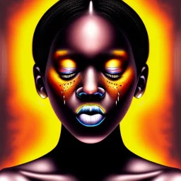 Portrait of a young black woman crying. Tears the colour of oil. Depression seeping out of her eyes nose and mouth like a oil spill