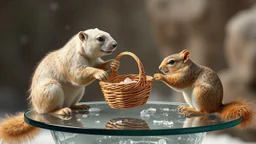 ice bear squirrels playing basket on glass table on ceres