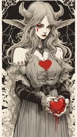 Wizard vintage girl with heart bleed in her hands, half demon and half angel,