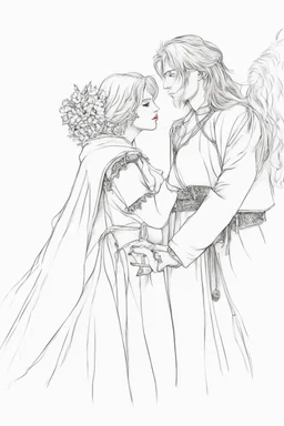 Couple from dnd passionate kiss, woman with white hair wearing a dress, man with long black hair tunic and red cloak.