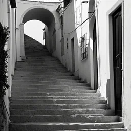 Calle de un pueblo de una isla italiana en verano, con escalinata, y arcos, tono decadente, fotografía real, fotografía realizada con cámara Leica y objetivo de 50 mm, siguiendo estilo de la serie 'Ripley', fotografía en blanco y negro, virada tonos años 50