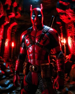 "In a forgotten cave, Deadpool stands bathed in soft, enchanting light from shimmering crystals. Their facets cast photorealistic patterns on his scarred armor. The suit's details, from scuffs to seams, are vividly lifelike. His scar-covered face reflects a history of adventures. His intense gaze reveals complexity and mystery, bridging mortal and mystical realms. Here, his destiny entwines with the night, blurring reality and fantasy." Unreal Engine pro max