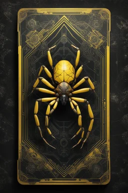 sacred geometry framed playing card, black and yellow crab ant spider with shadows boss card in the style of Giger and fallout 4 ,,bokeh like f/0.8, tilt-shift lens 8k, high detail, smooth render, down-light, unreal engine