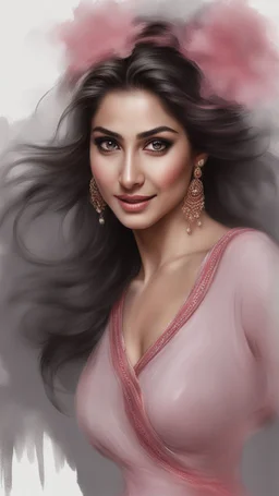 indian actress khatrina kaifbig tittshizabprincess lust smile perfect pink eyes, fantastic face, caucasian, beautiful look, detailed elegant red dress, updo elegant hair, blurred gray tones background, ultra focus, face ilumined, face detailed, 8k resolution, painted, dry brush, brush strokes, razumov style and garmash style