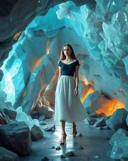 make a picture pretty cave made of crystal diamond 3d fractal recursive cubic and sphere base structures and a beautiful fashion model lady with cute,with dark cyan decholte top and pretty pleated midi skirt,siver she walks in cave ,dynamic camera zoom to full body and fallow her inside cave dynamic lights.