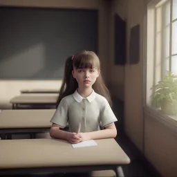 Study girl in classroom by the window ,movie, real photo realistic, unreal engine, cinematic lighting --ar 1:1 creative