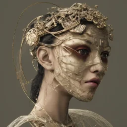 a beautiful japanese ultradetailed fine art photo of a cybernetic futuristic cyborg bride wearing a boho headpiece, by tom bagshaw and simon stalenhag, embroidered lace chapel veil, portrait, 5 0 mm lens, golden ratio composition, detailed face, studio photography, very detailed, humanoids, industrial robotic alloy armor, masterpiece, artstation, 8 k, highly coherent