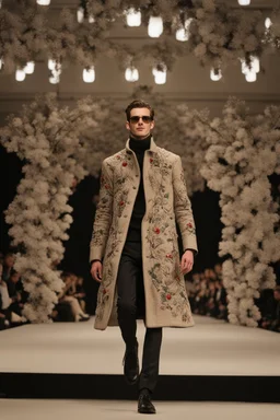 A guy on a fashion runway with House fo El invernal clothes style embroidery without cape