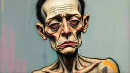 A deformed, disfigured figure with blurred, grainy facial features and poor anatomy, executed in a distorted, abstract art style with bright, complementary colors and subtle, expressive details, inspired by the avant-garde works of Francis Bacon, the emotional brushstrokes of Egon Schiele and the abstract expressionism of Willem de Kooning, with a combination of loose, gestural lines and rough, textured surfaces, as well as a prominent, scratched signature in the corner, as if it were a rough dr