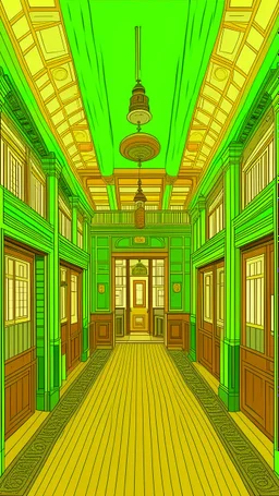 sports club in the style of winsor mccay, green and ocher palette, dreamlike details, ducts, doors, passageways, tracks and pipes