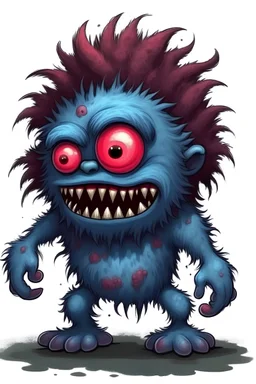 Grim, a blue and fluffy zombie with piercing red eyes and a perpetual scowl. He is always full of energy and mischief, and is always looking for new ways to cause trouble. Even though he is a zombie, he doesn't scare easily and is actually quite cunning. He loves to play pranks and cause chaos, and is always up for a challenge. Grim is a loyal companion, but he can also be unpredictable and dangerous. He will stick by your side through thick and thin, but be careful not to get on his bad side.