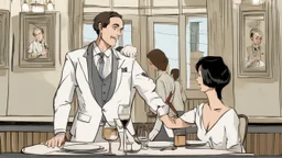 waiter in a restaurant and a man and his lady at a table