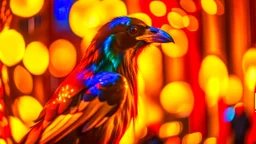 Capture a captivating image of a crow donning a punk leather jacket amidst the warm glow of Christmas yellow lights. Embrace a photography style that accentuates the festive atmosphere. Ensure the composition highlights the crow's unique presence against the backdrop of cheerful Christmas lights, creating a visually captivating scene.