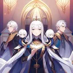 Twins, boy and girl, white hair, silver eyes, royal hall background