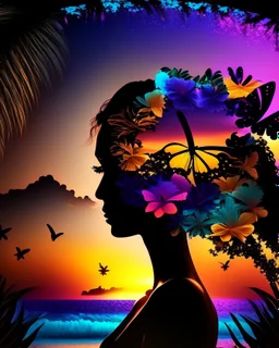 Stunning conceptual beach scene illustration in the silhouette of a woman's face. Beach with vibrant colors, sunset sky and coast with palm trees. Cinematic black background, looks like a window to a tropical paradise.12k 3D HD hyper-realistic Image quality CodeFormer AI 12K, cute flower fairy with bright wings like morning dew, flutters from flower to flower. Hair in curls, adorned with petals and pollen, mysterious phoenix woman, her silhouette made with interconnected and integrated elements