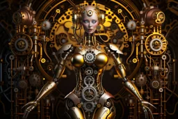 robot body with a female head, hands and feet, and a steampunk background