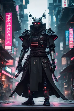 samurai robot in black cloak in a cyberpunk environment