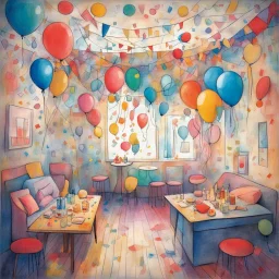 drawing of the interior of a birthday room with garlands, pennants, balloons, confetti, party spirit, music and colored lights, in the style of Paul Klee