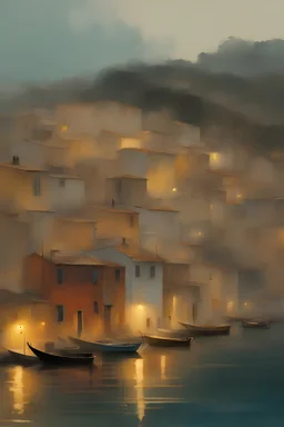 Digital Art of an Italian fishing village embodying the essence of golden hour in a , minimalist approach, influenced by Luis Miranda, Jeremy Mann, Jeffrey Catherine Jones, blends conceptual art with elements of painting and illustration, somber tones, fragmented souls, shadow play, diffuse textures, abstract forms, digital painting, high conceptuality, palette inspired by Jeffrey Catherine Jones, golden ratio composition, fine detail, cinematic lighting.