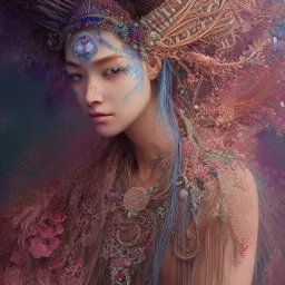 Insanely detailed photograph of an “portrait of gorgeous native goddess ” with intricate hair, intricate embroidered dress, beautiful clear face and hyperdetailed painting by Ismail Inceoglu Huang Guangjian and Dan Witz CGSociety ZBrush Central fantasy art album cover art,8K, hdr, romantic, mysterious, ominous, flowers, jewelry, comfort, natural eyes