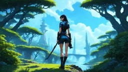 Full Body Photo Of A Sci-Fi Girl, With Dark Hair, On An Alien Sci-Fi Jungle Planet With Cloud Trees, Tall Spires, Bridges, Arches
