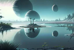 Alien landscape with grey exoplanet in the sky, Lagoon reflection, vegetation, sci-fi, concept art, movie poster, cinematic