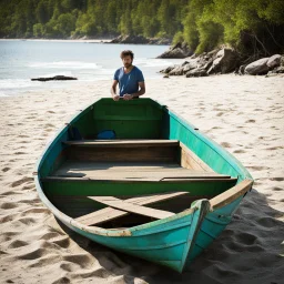 A man, beach, a green and blue boat, some pieces of wood, summer, creepy, odd