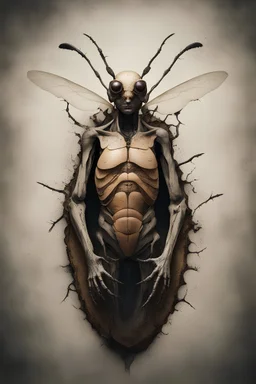 a haunting image of an insect human hybrid emerging from an old cracked shell of a body