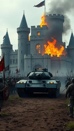 A modern tank leading an old army toward a big castle whose was is set on fire in a bloody war at scene