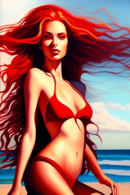 a painting of a woman in a bikini on the beach, an airbrush painting, inspired by Edmond Aman-Jean, featured on deviantart, with long red hair, as a panel of a marvel comic, warm weather, elegantly posing over you, airbrush render