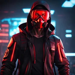 Attractive young male cyberpunk hacker, red nuclear mask, cybernetic enhancements, smiling, intense and focused, post-apocalyptic background, anime style, video game character, unreal engine, trending artstation, trending deviantart