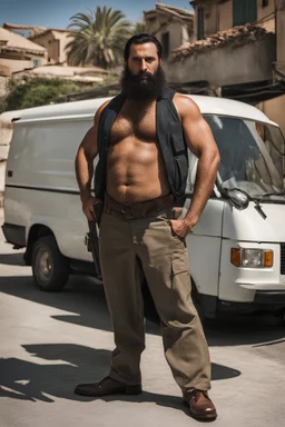 half figure photography of a 31 year old beefy burly sicilian plumber, wearing his work unbuttoned uniform, bulge, leaning with his back to his van, arms folded and angry look, , hairy chest, big belly, very virile, long black beard, very short hair, sweat, , in a sunny street, photorealistic